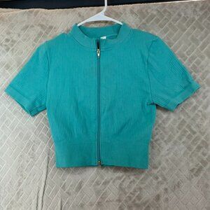 Otos Womens L Crop Top Turquoise Blue Athletic Zip Up Short Sleeve Nylon Blend